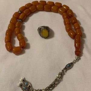 مسبحة وخاتم اصلي رجالي فضة ( عقيق )